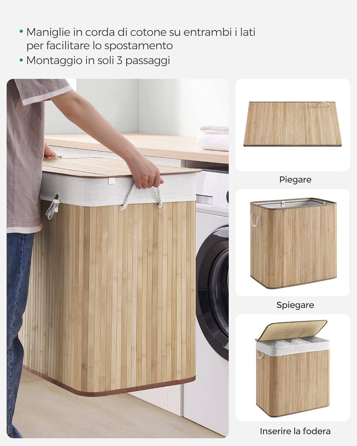 🧺 Cesto Portabiancheria Design 150L in Bambù – Organizzazione Perfetta in 3 Scomparti