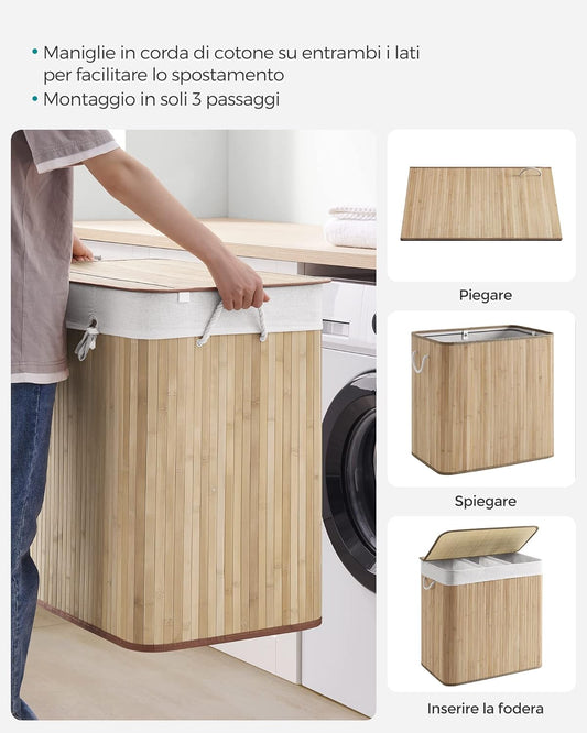 🧺 Cesto Portabiancheria Design 150L in Bambù – Organizzazione Perfetta in 3 Scomparti