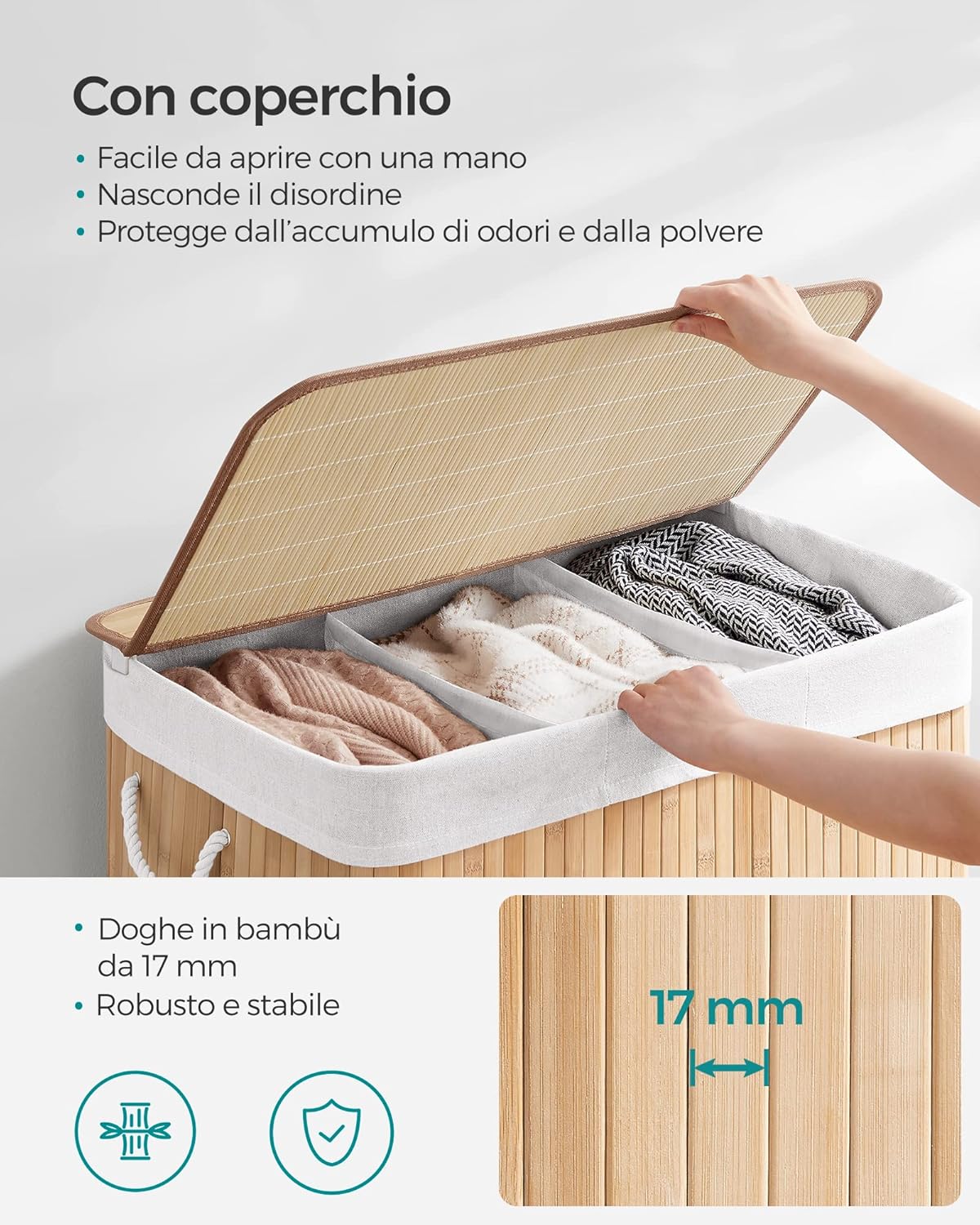 🧺 Cesto Portabiancheria Design 150L in Bambù – Organizzazione Perfetta in 3 Scomparti