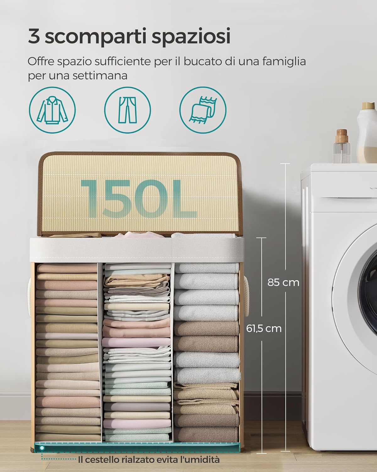 🧺 Cesto Portabiancheria Design 150L in Bambù – Organizzazione Perfetta in 3 Scomparti