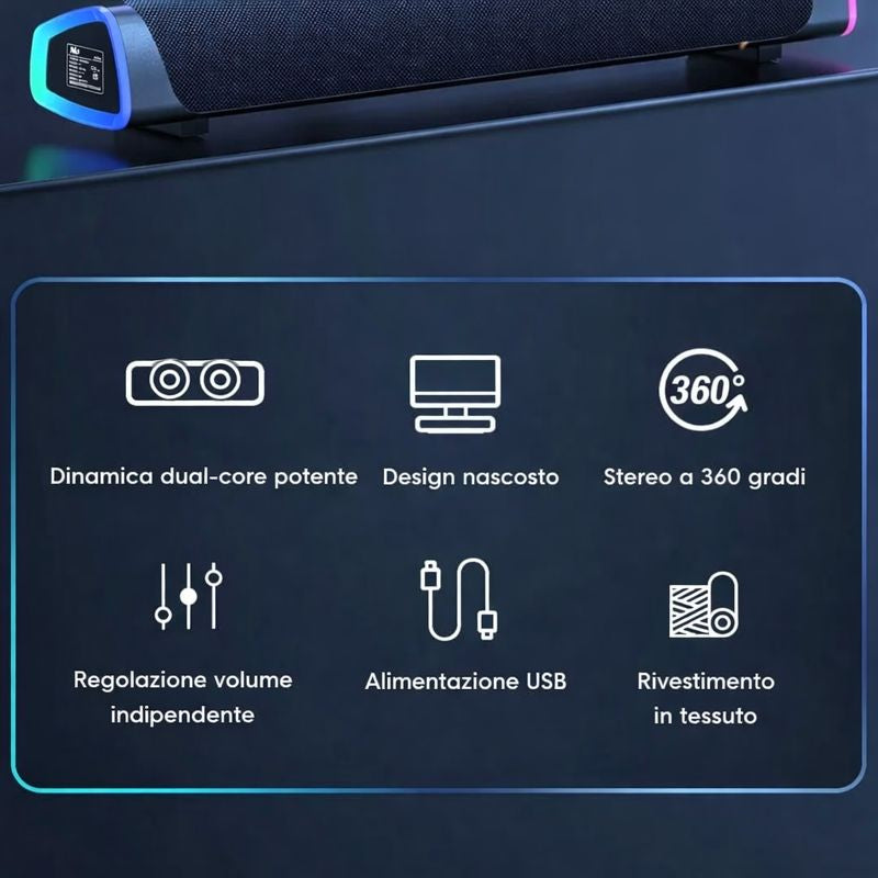 Soundbar per PC e TV USB con Cavo AUX 3.5mm – Audio Stereo 360°, Design Inclinato 15° con Controllo Volume