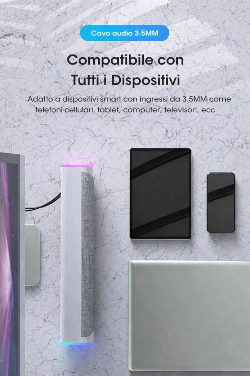 Soundbar per PC e TV USB con Cavo AUX 3.5mm – Audio Stereo 360°, Design Inclinato 15° con Controllo Volume