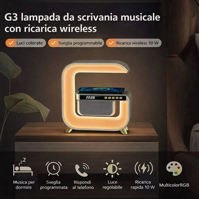 Mini Speaker BT G3, Luce Notturna Multifunzione con Sveglia Altoparlante Led e Caricatore Wireless